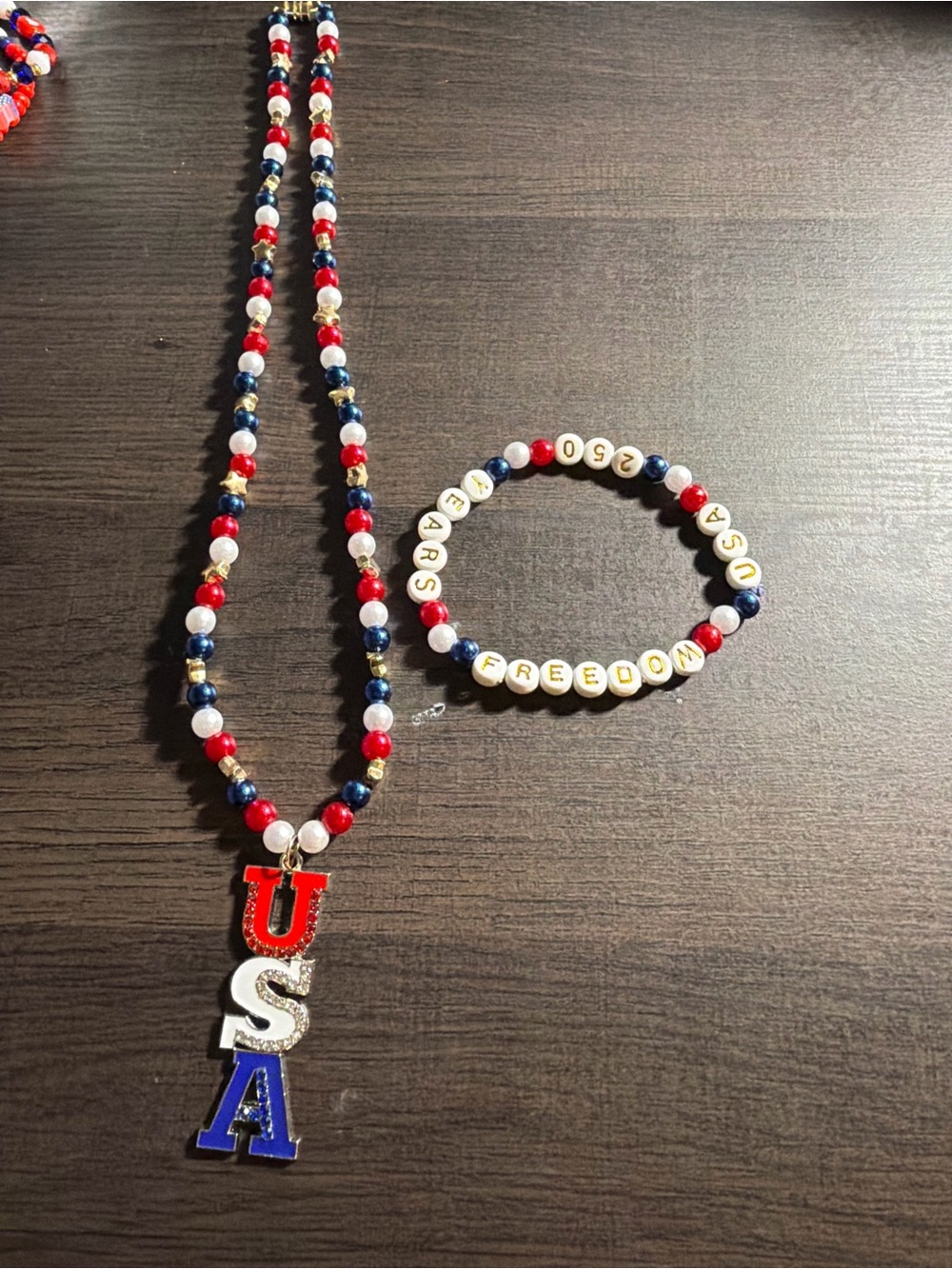 Patriotic adults USA Beaded Necklace & Bracelet Set - Red White Blue